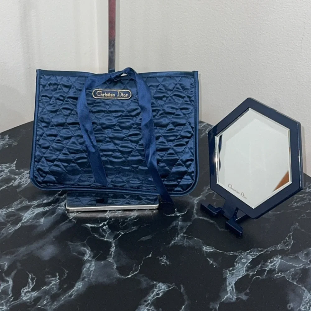 Christian Dior Quilted Makeup Pouch & Mirror Set in Navy Blue AUTHENTIC Like New